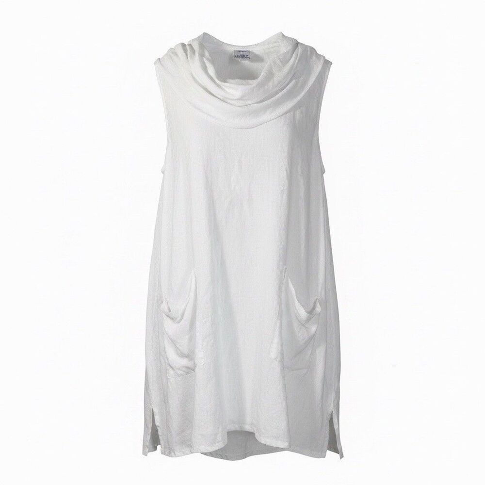 Match Point USA Linen Cowl Neck Tunic Dress Womens Size Med. White Two Pockets